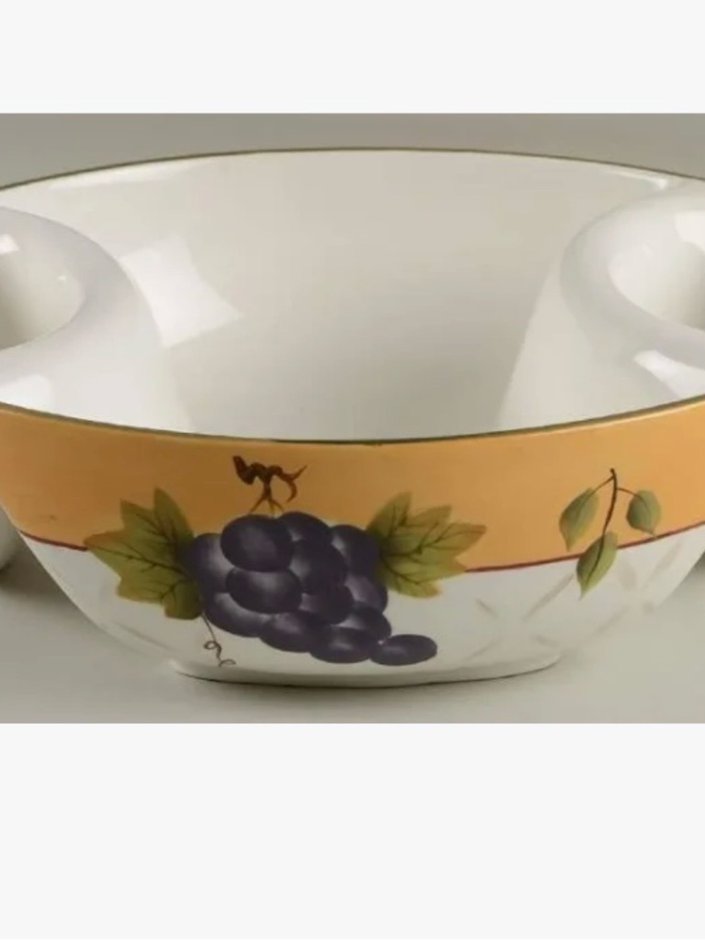Home Interiors White Ceramic Chip & Dip Bowl with Purple Grape Design and Gold